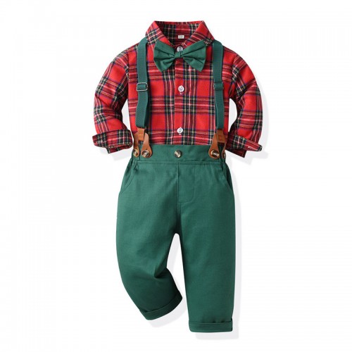 Kids Toddlers British Style Christmas party choir performance costume Xmas Event  photos Dress up plaid long sleeve Shirts suspenders pants set for boys